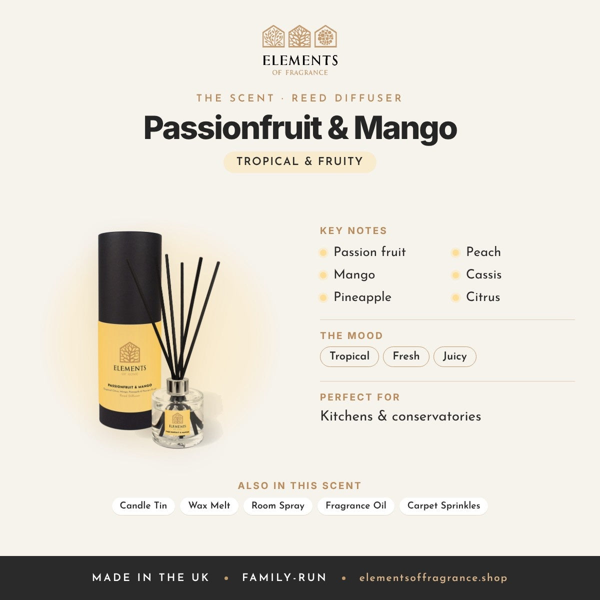 Passionfruit & Mango Reed Diffuser scent profile: tropical & fruity with notes of passion fruit, mango, pineapple, peach, cassis, citrus