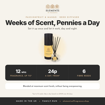 Passionfruit & Mango Reed Diffuser: up to 12 weeks of fragrance from 24p a day, 6 fibre reeds