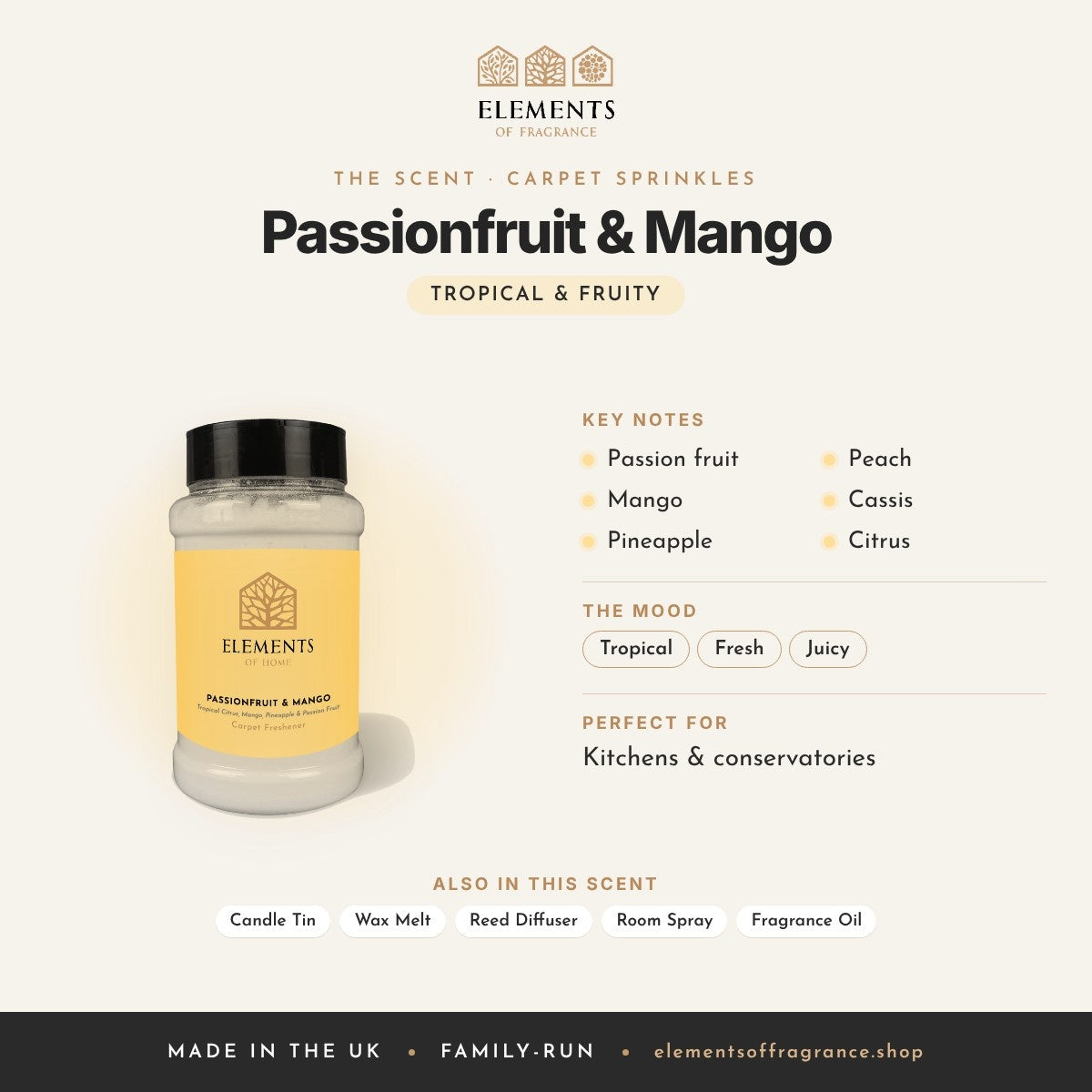 Passionfruit & Mango Carpet Sprinkles scent profile: tropical & fruity with notes of passion fruit, mango, pineapple, peach, cassis, citrus