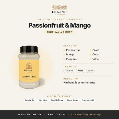 Passionfruit & Mango Carpet Sprinkles scent profile: tropical & fruity with notes of passion fruit, mango, pineapple, peach, cassis, citrus
