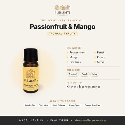 Passionfruit & Mango Fragrance Oil scent profile: tropical & fruity with notes of passion fruit, mango, pineapple, peach, cassis, citrus