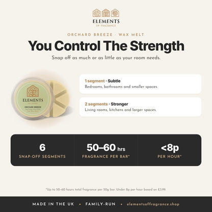 Orchard Breeze Wax Melt: strength guide, 1 segment for subtle, 2 for stronger, up to 50 to 60 hours per bar