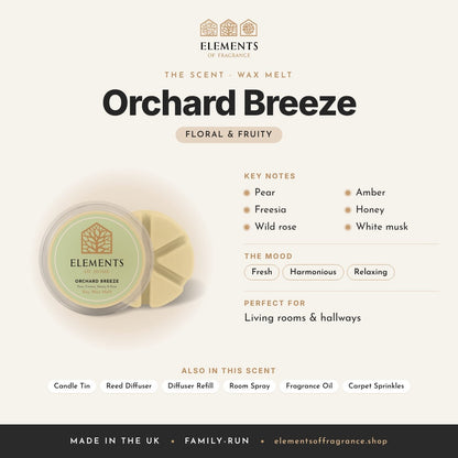 Orchard Breeze Wax Melt scent profile: floral & fruity with notes of pear, freesia, wild rose, amber, honey, white musk
