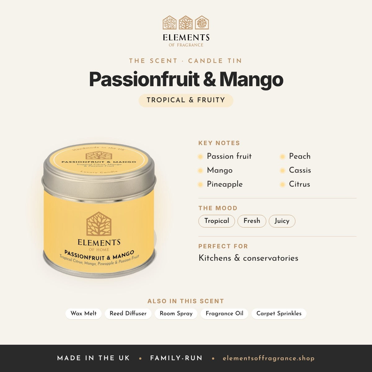 Passionfruit & Mango Candle Tin scent profile: tropical & fruity with notes of passion fruit, mango, pineapple, peach, cassis, citrus