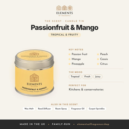 Passionfruit & Mango Candle Tin scent profile: tropical & fruity with notes of passion fruit, mango, pineapple, peach, cassis, citrus