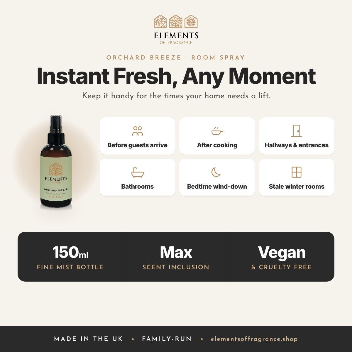 Orchard Breeze Room Spray: when to spray, before guests, after cooking, hallways, bathrooms and more