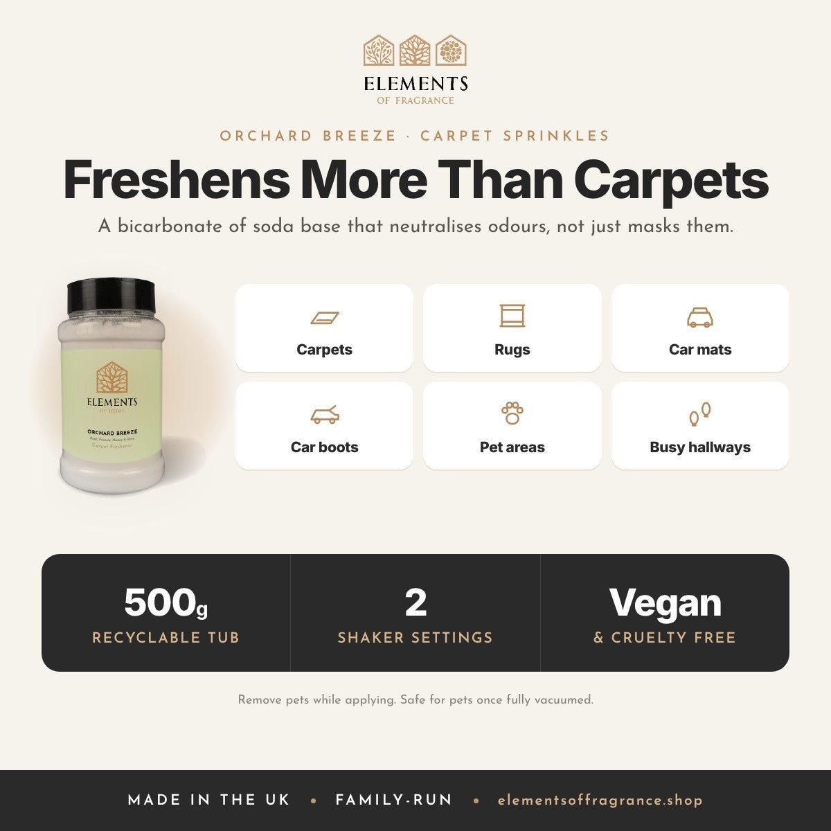 Orchard Breeze Carpet Sprinkles: where to use, carpets, rugs, car mats, car boots, pet areas and hallways
