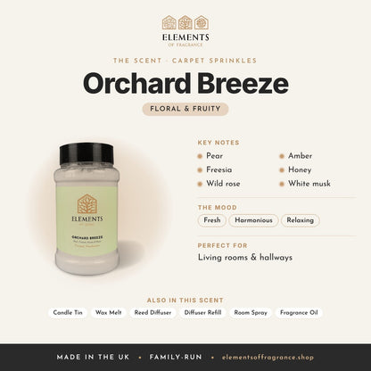 Orchard Breeze Carpet Sprinkles scent profile: floral & fruity with notes of pear, freesia, wild rose, amber, honey, white musk