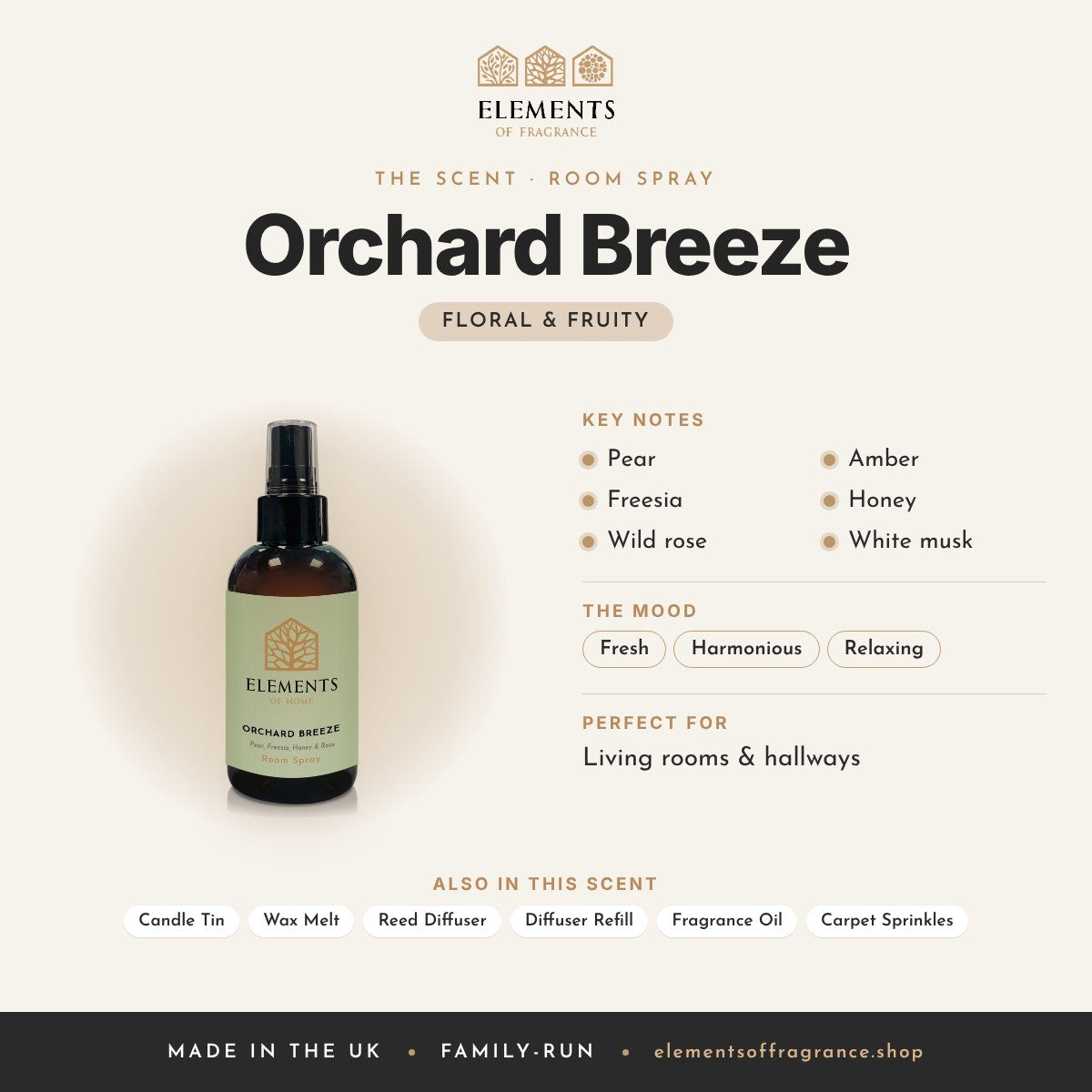 Orchard Breeze Room Spray scent profile: floral & fruity with notes of pear, freesia, wild rose, amber, honey, white musk