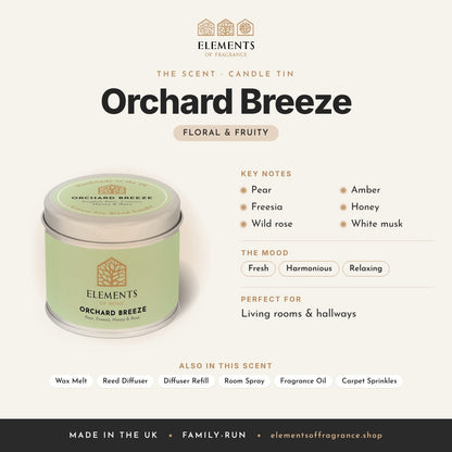 Orchard Breeze Candle Tin scent profile: floral & fruity with notes of pear, freesia, wild rose, amber, honey, white musk