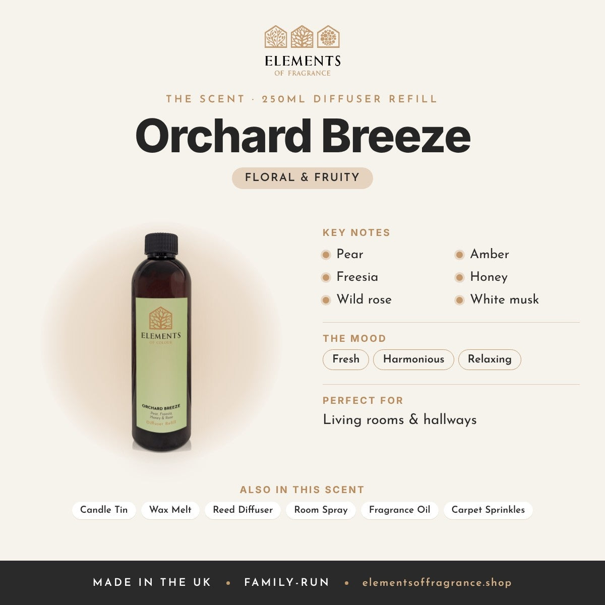 Orchard Breeze 250ml Diffuser Refill scent profile: floral & fruity with notes of pear, freesia, wild rose, amber, honey, white musk