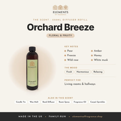 Orchard Breeze 250ml Diffuser Refill scent profile: floral & fruity with notes of pear, freesia, wild rose, amber, honey, white musk