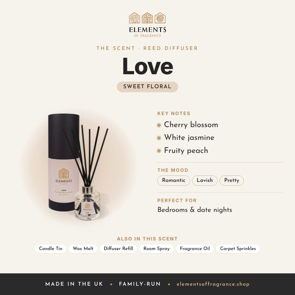 Love Reed Diffuser scent profile: sweet floral with notes of cherry blossom, white jasmine, fruity peach