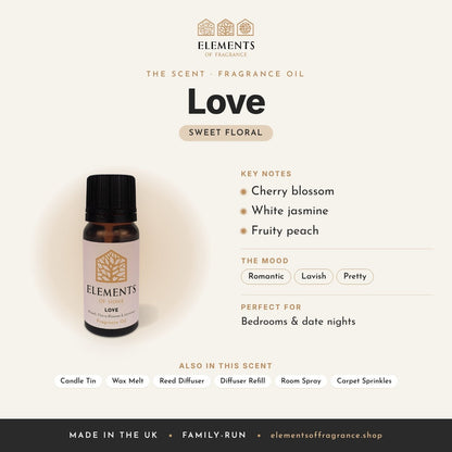 Love Fragrance Oil scent profile: sweet floral with notes of cherry blossom, white jasmine, fruity peach