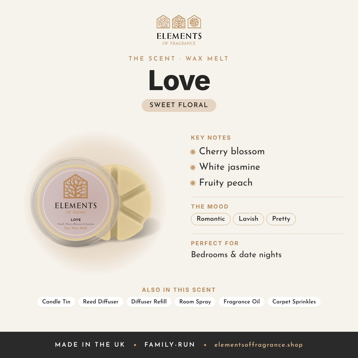 Love Wax Melt scent profile: sweet floral with notes of cherry blossom, white jasmine, fruity peach