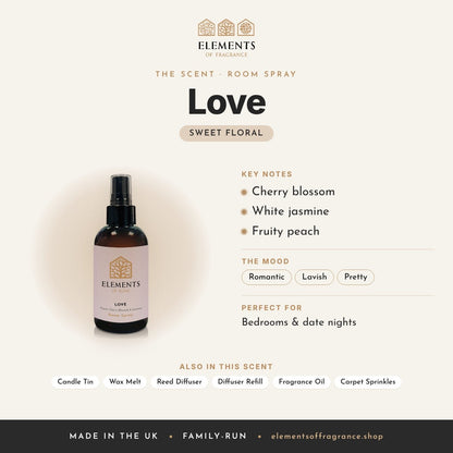 Love Room Spray scent profile: sweet floral with notes of cherry blossom, white jasmine, fruity peach