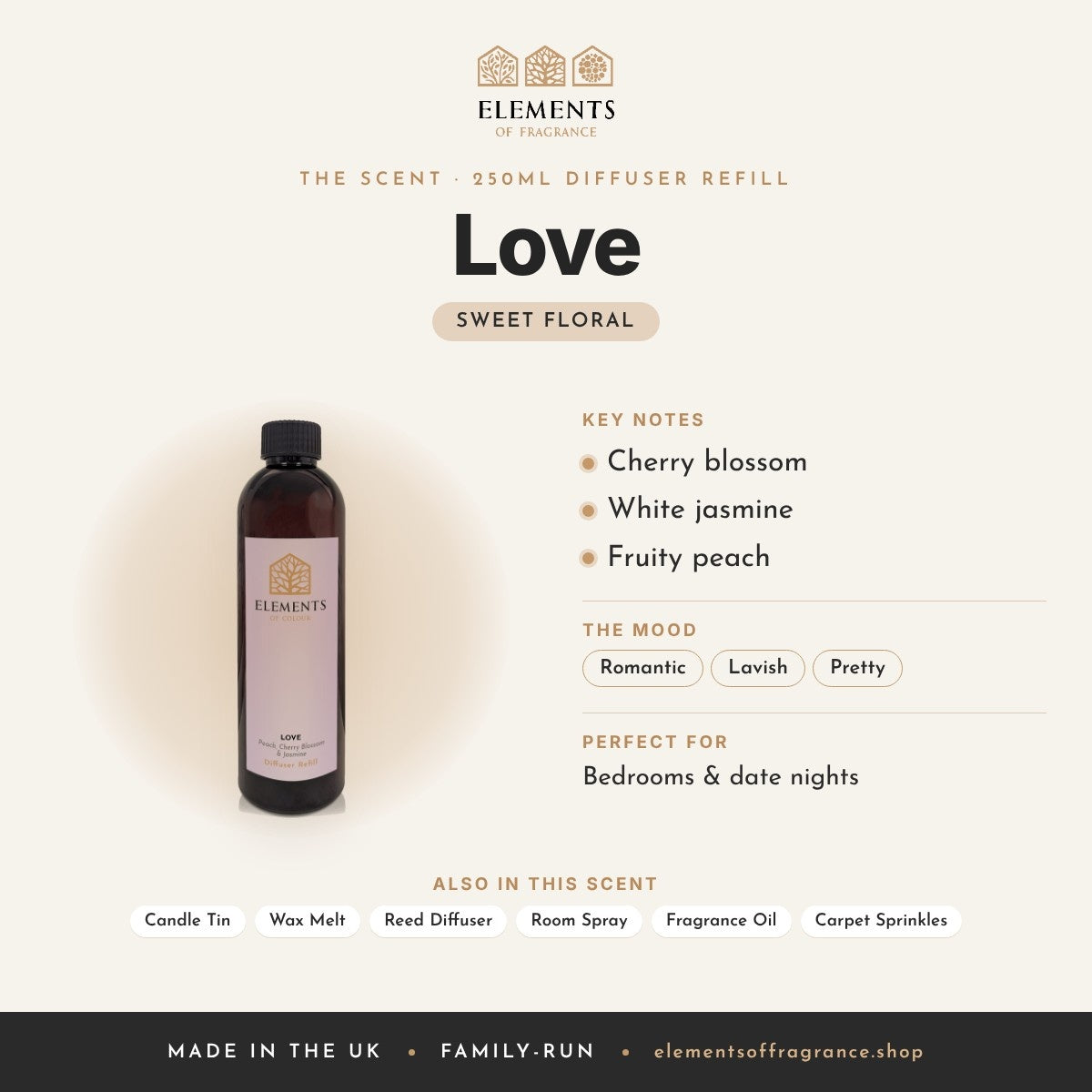 Love 250ml Diffuser Refill scent profile: sweet floral with notes of cherry blossom, white jasmine, fruity peach