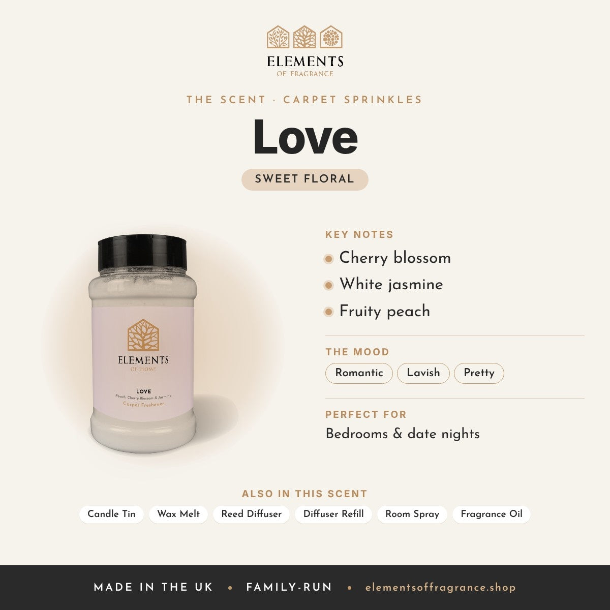Love Carpet Sprinkles scent profile: sweet floral with notes of cherry blossom, white jasmine, fruity peach