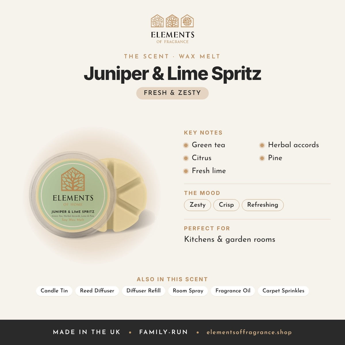 Juniper & Lime Spritz Wax Melt scent profile: fresh & zesty with notes of green tea, citrus, fresh lime, herbal accords, pine