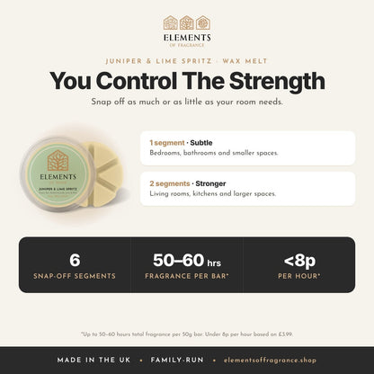 Juniper & Lime Spritz Wax Melt: strength guide, 1 segment for subtle, 2 for stronger, up to 50 to 60 hours per bar