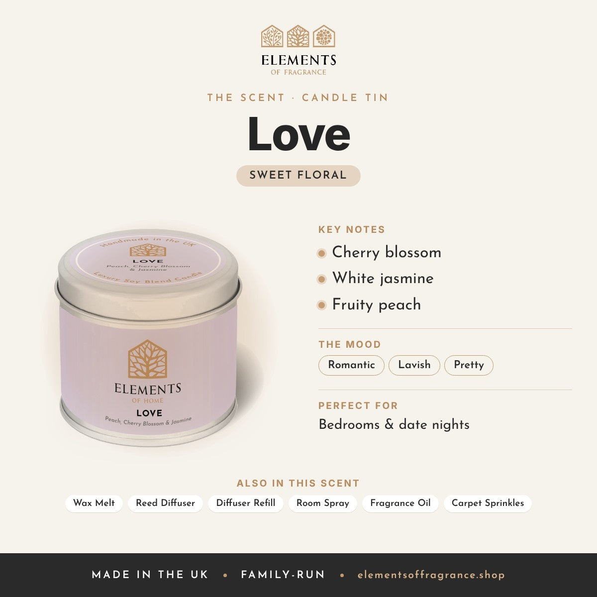 Love Candle Tin scent profile: sweet floral with notes of cherry blossom, white jasmine, fruity peach