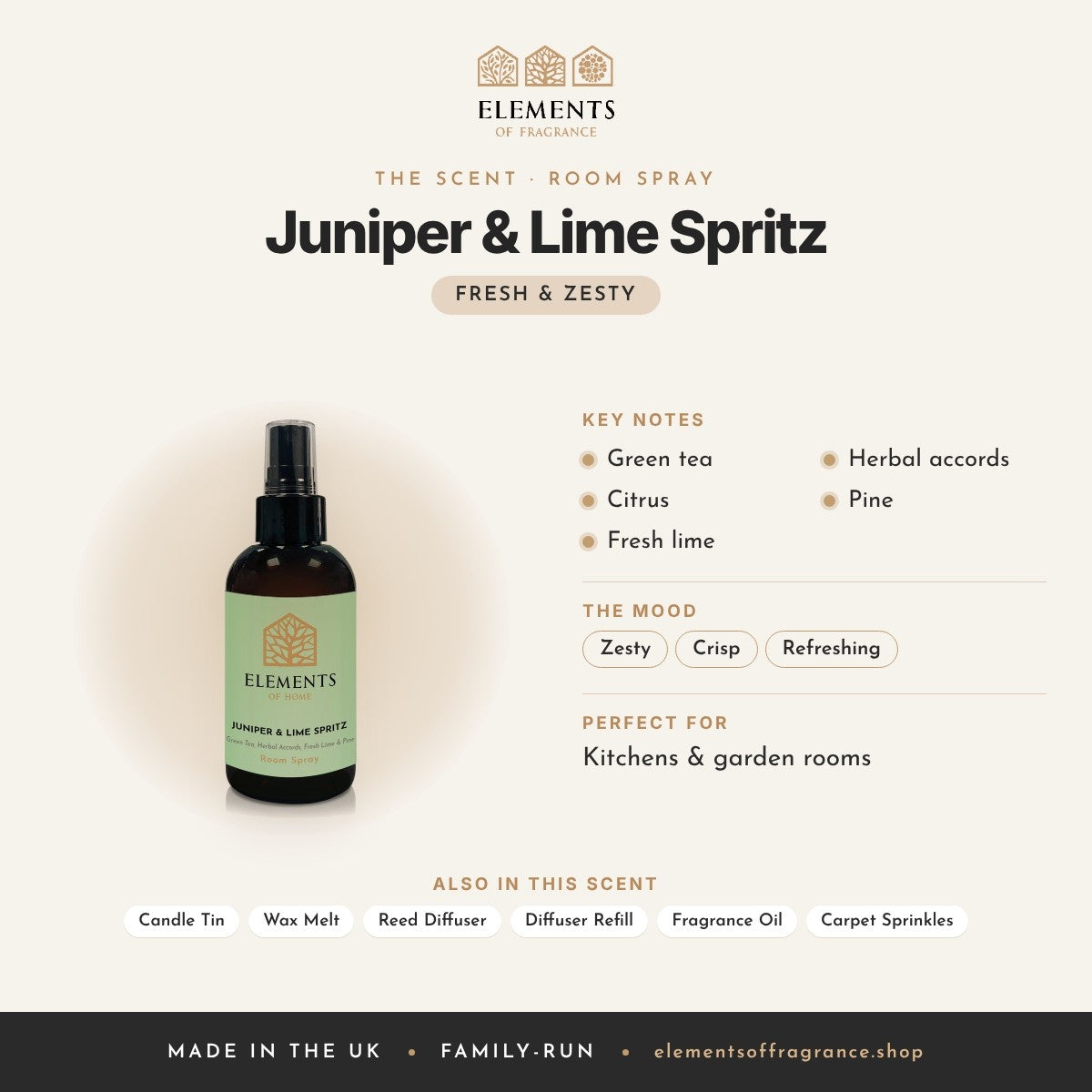 Juniper & Lime Spritz Room Spray scent profile: fresh & zesty with notes of green tea, citrus, fresh lime, herbal accords, pine