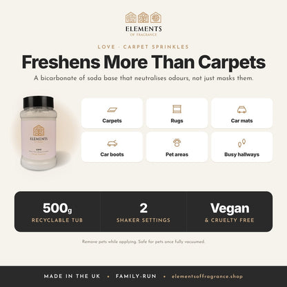 Love Carpet Sprinkles: where to use, carpets, rugs, car mats, car boots, pet areas and hallways