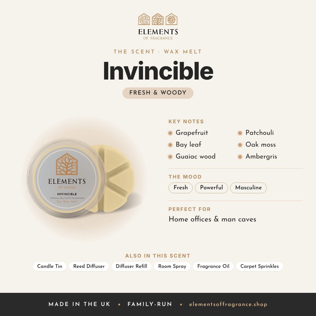 Invincible Wax Melt scent profile: fresh & woody with notes of grapefruit, bay leaf, guaiac wood, patchouli, oak moss, ambergris