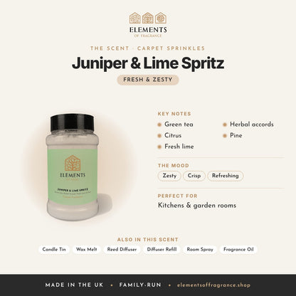 Juniper & Lime Spritz Carpet Sprinkles scent profile: fresh & zesty with notes of green tea, citrus, fresh lime, herbal accords, pine
