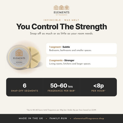 Invincible Wax Melt: strength guide, 1 segment for subtle, 2 for stronger, up to 50 to 60 hours per bar