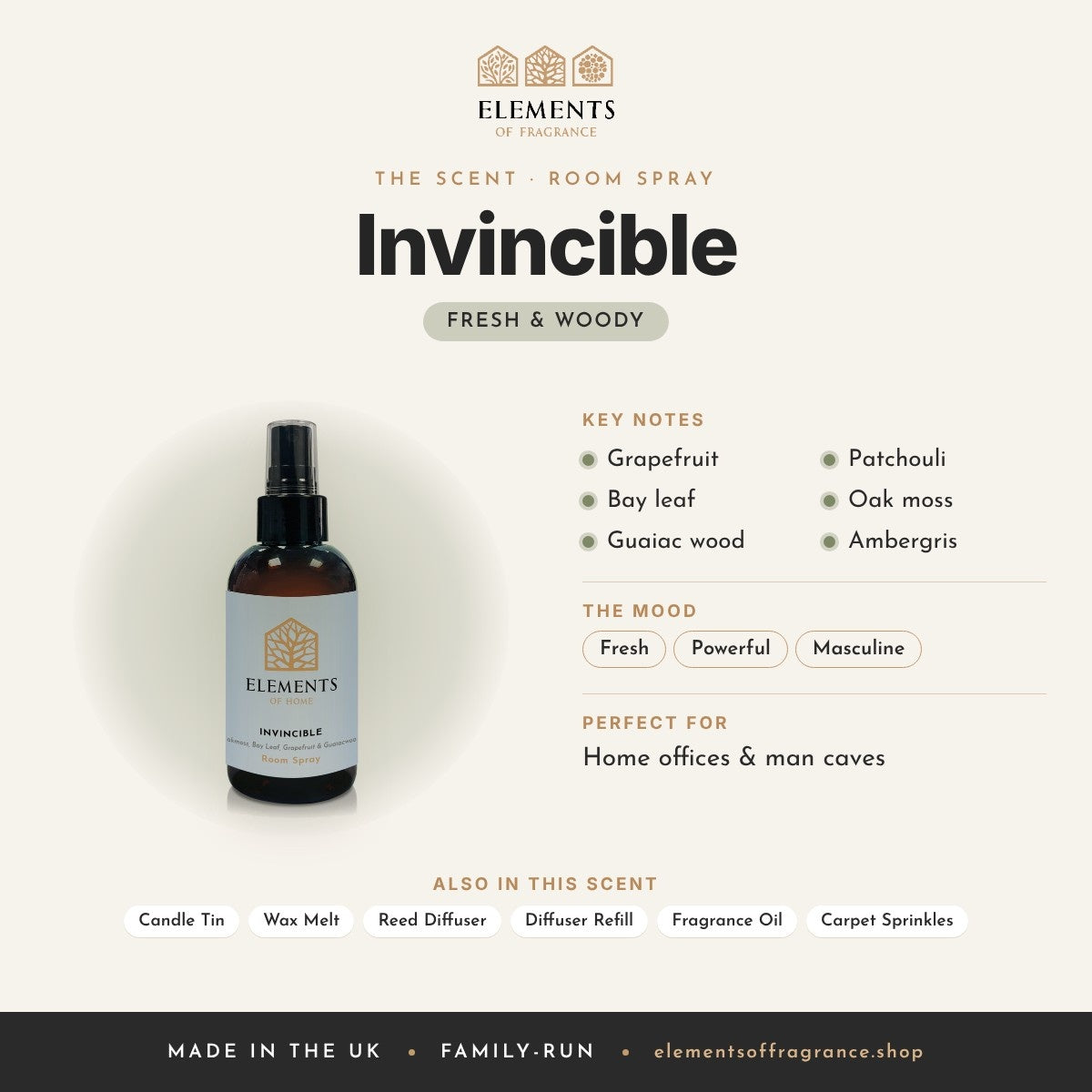 Invincible Room Spray scent profile: fresh & woody with notes of grapefruit, bay leaf, guaiac wood, patchouli, oak moss, ambergris