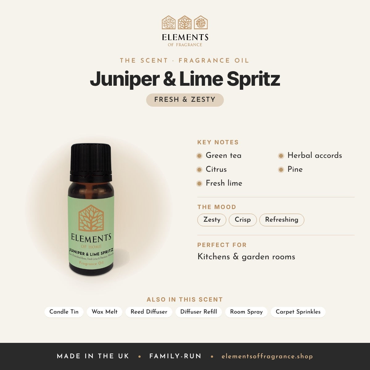 Juniper & Lime Spritz Fragrance Oil scent profile: fresh & zesty with notes of green tea, citrus, fresh lime, herbal accords, pine
