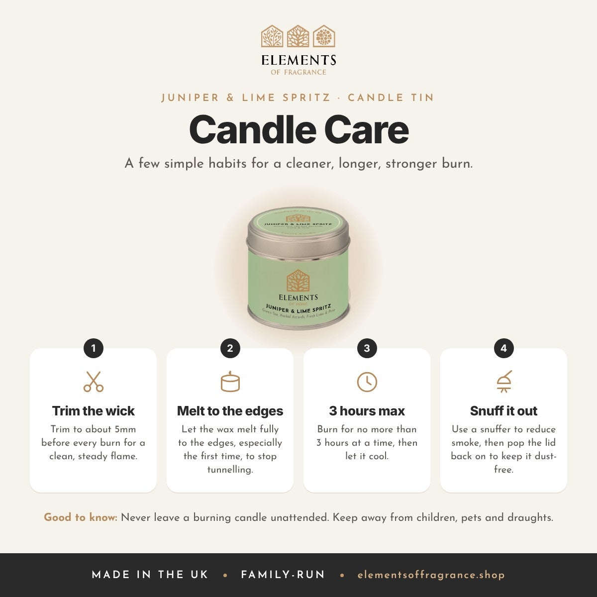 Candle care tips for the Juniper & Lime Spritz Candle Tin