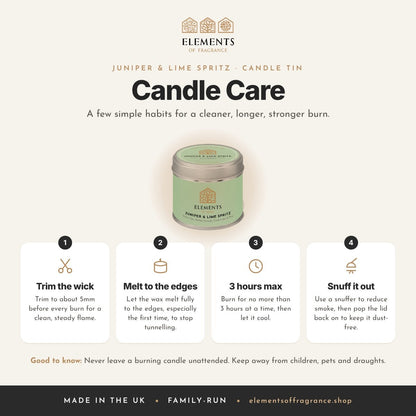 Candle care tips for the Juniper & Lime Spritz Candle Tin