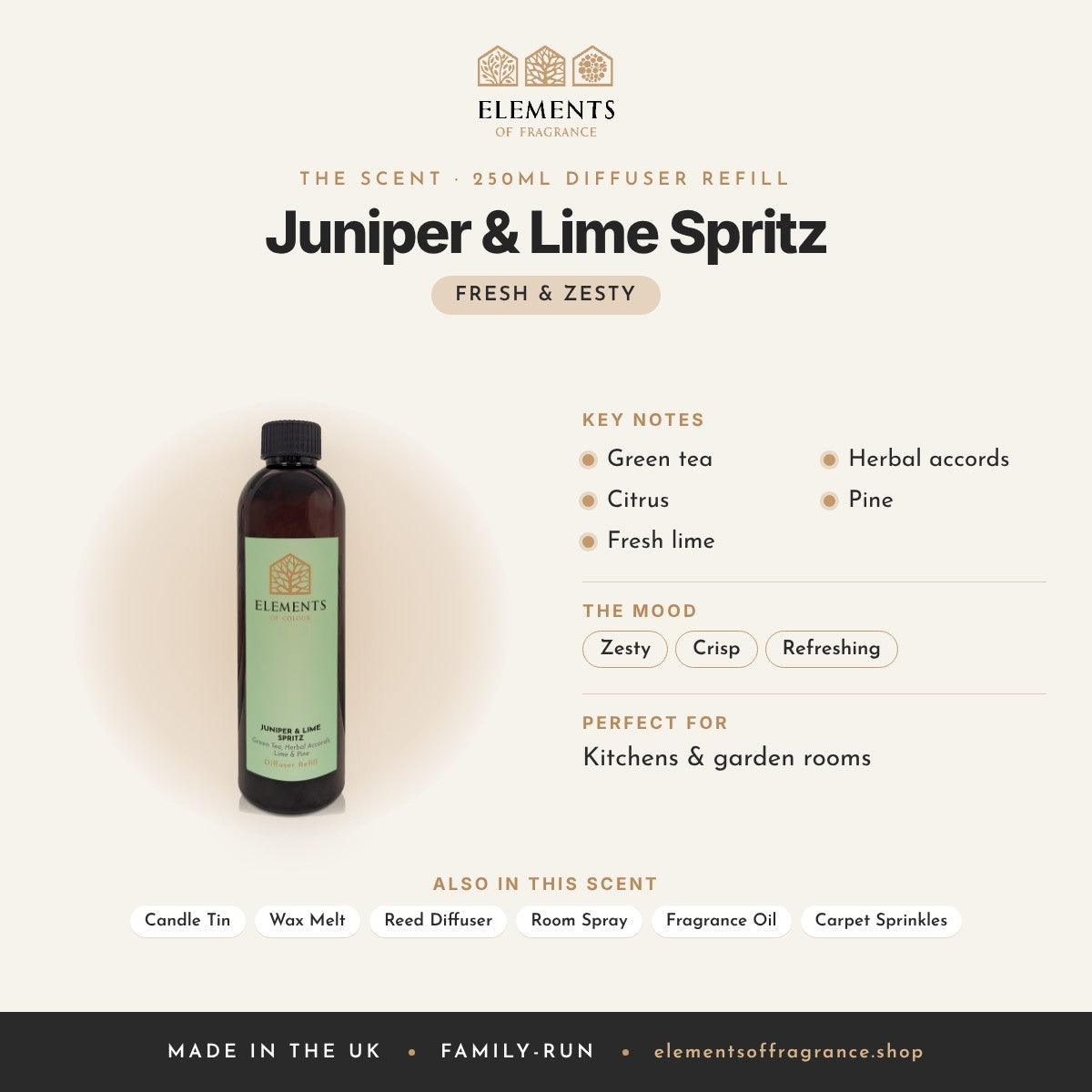 Juniper & Lime Spritz 250ml Diffuser Refill scent profile: fresh & zesty with notes of green tea, citrus, fresh lime, herbal accords, pine