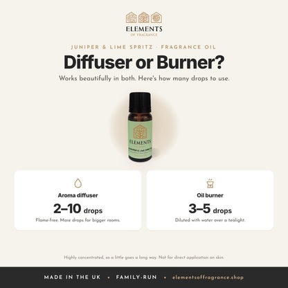 Juniper & Lime Spritz Fragrance Oil: diffuser or burner guide, 2 to 10 drops in a diffuser, 3 to 5 drops in a burner