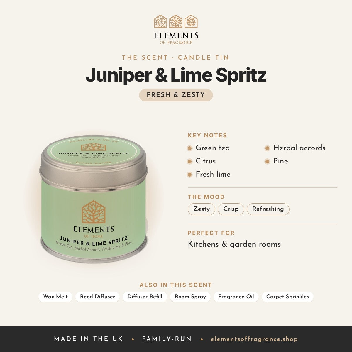Juniper & Lime Spritz Candle Tin scent profile: fresh & zesty with notes of green tea, citrus, fresh lime, herbal accords, pine