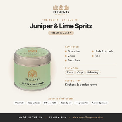 Juniper & Lime Spritz Candle Tin scent profile: fresh & zesty with notes of green tea, citrus, fresh lime, herbal accords, pine