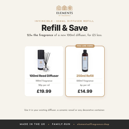 Invincible 250ml Diffuser Refill: refill and save, 2.5 times the fragrance of a 100ml diffuser for £5 less