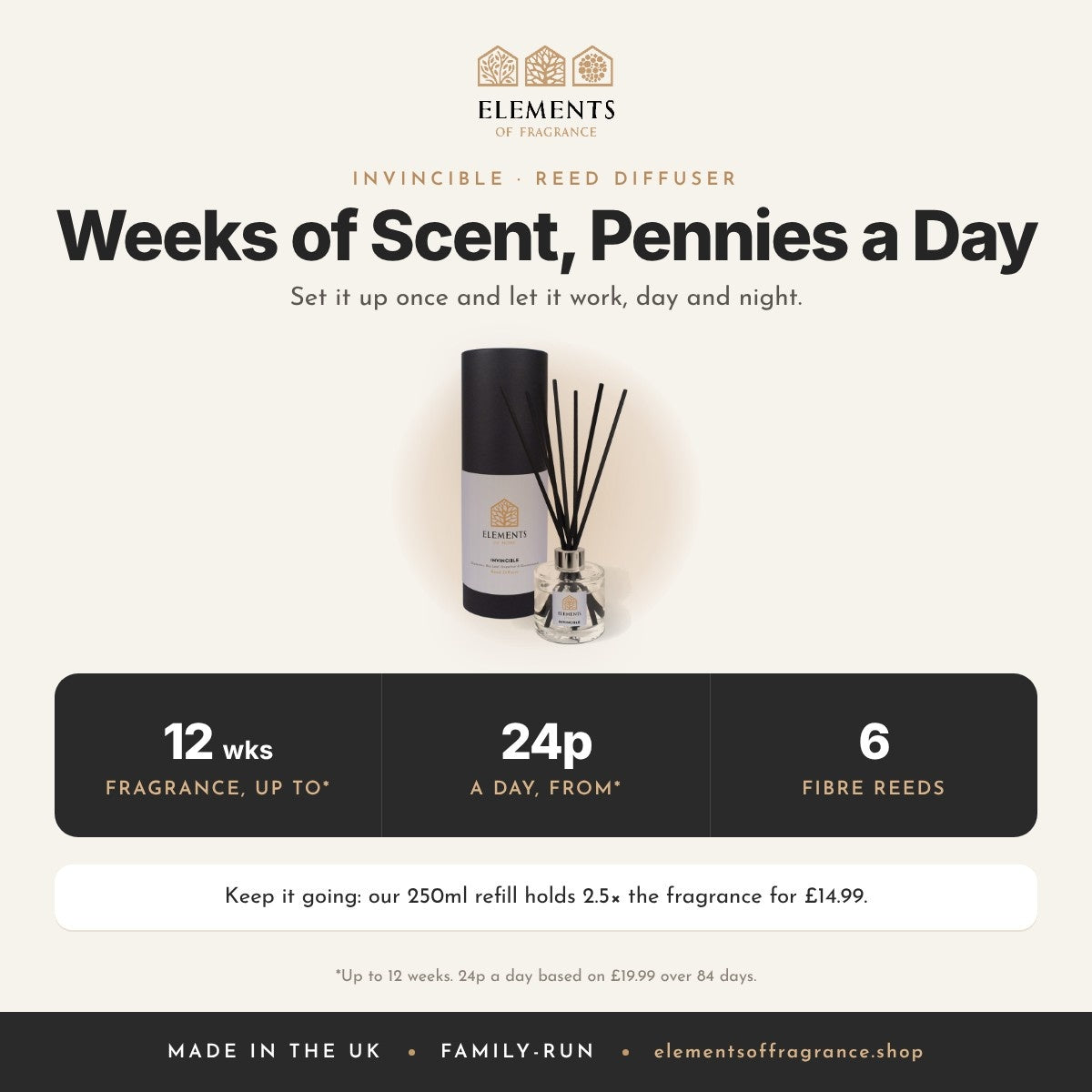 Invincible Reed Diffuser: up to 12 weeks of fragrance from 24p a day, 6 fibre reeds