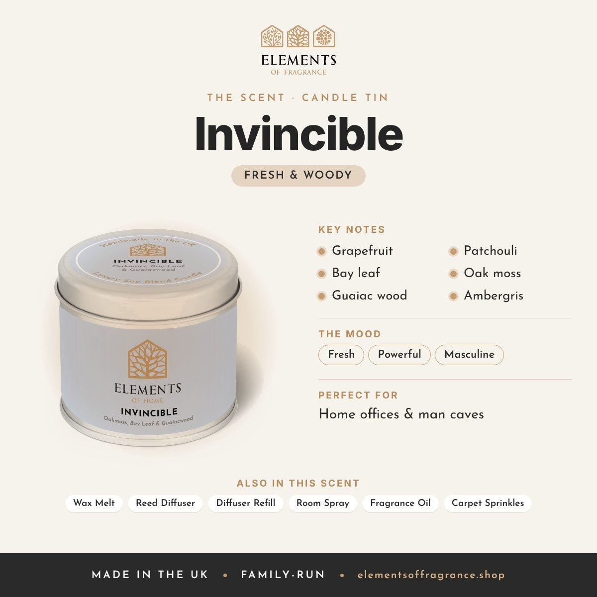 Invincible Candle Tin scent profile: fresh & woody with notes of grapefruit, bay leaf, guaiac wood, patchouli, oak moss, ambergris