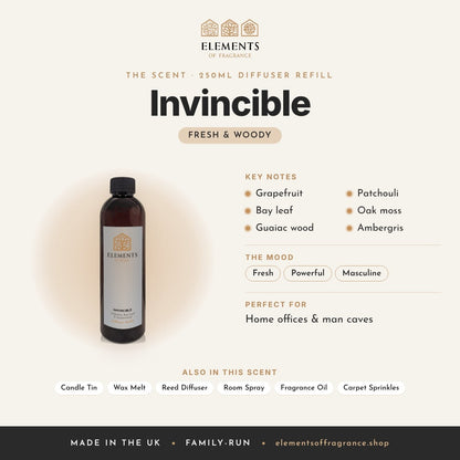 Invincible 250ml Diffuser Refill scent profile: fresh & woody with notes of grapefruit, bay leaf, guaiac wood, patchouli, oak moss, ambergris