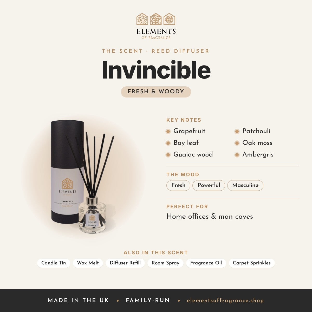 Invincible Reed Diffuser scent profile: fresh & woody with notes of grapefruit, bay leaf, guaiac wood, patchouli, oak moss, ambergris