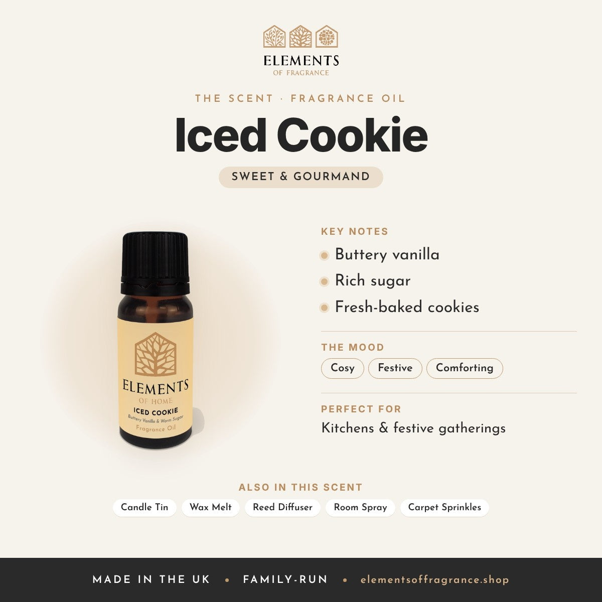 Iced Cookie Fragrance Oil scent profile: sweet & gourmand with notes of buttery vanilla, rich sugar, fresh-baked cookies