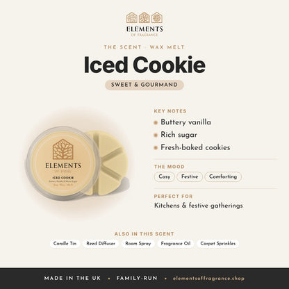 Iced Cookie Wax Melt scent profile: sweet & gourmand with notes of buttery vanilla, rich sugar, fresh-baked cookies
