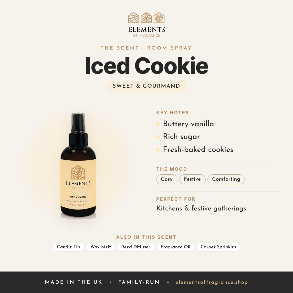 Iced Cookie Room Spray scent profile: sweet & gourmand with notes of buttery vanilla, rich sugar, fresh-baked cookies