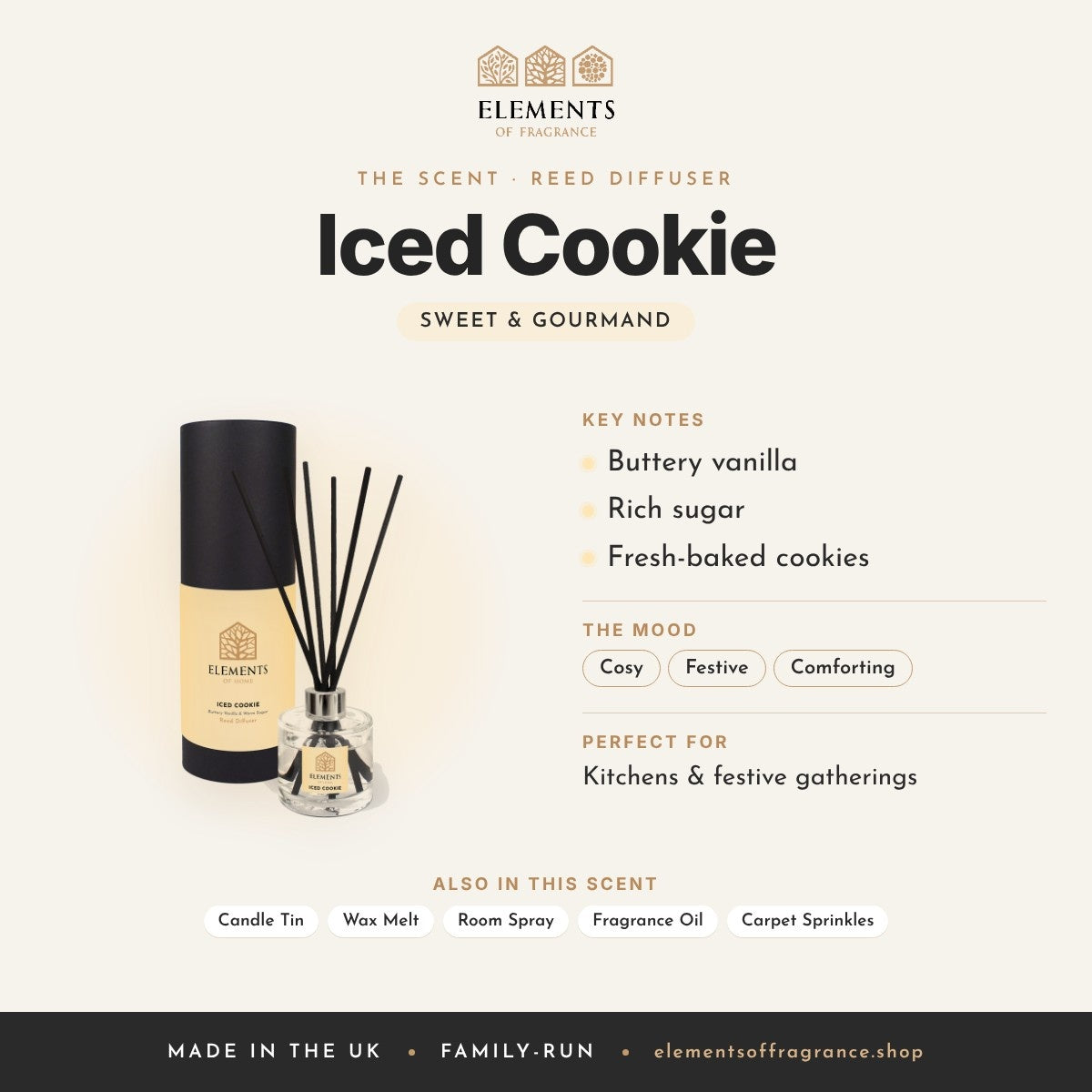 Iced Cookie Reed Diffuser scent profile: sweet & gourmand with notes of buttery vanilla, rich sugar, fresh-baked cookies