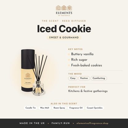 Iced Cookie Reed Diffuser scent profile: sweet & gourmand with notes of buttery vanilla, rich sugar, fresh-baked cookies