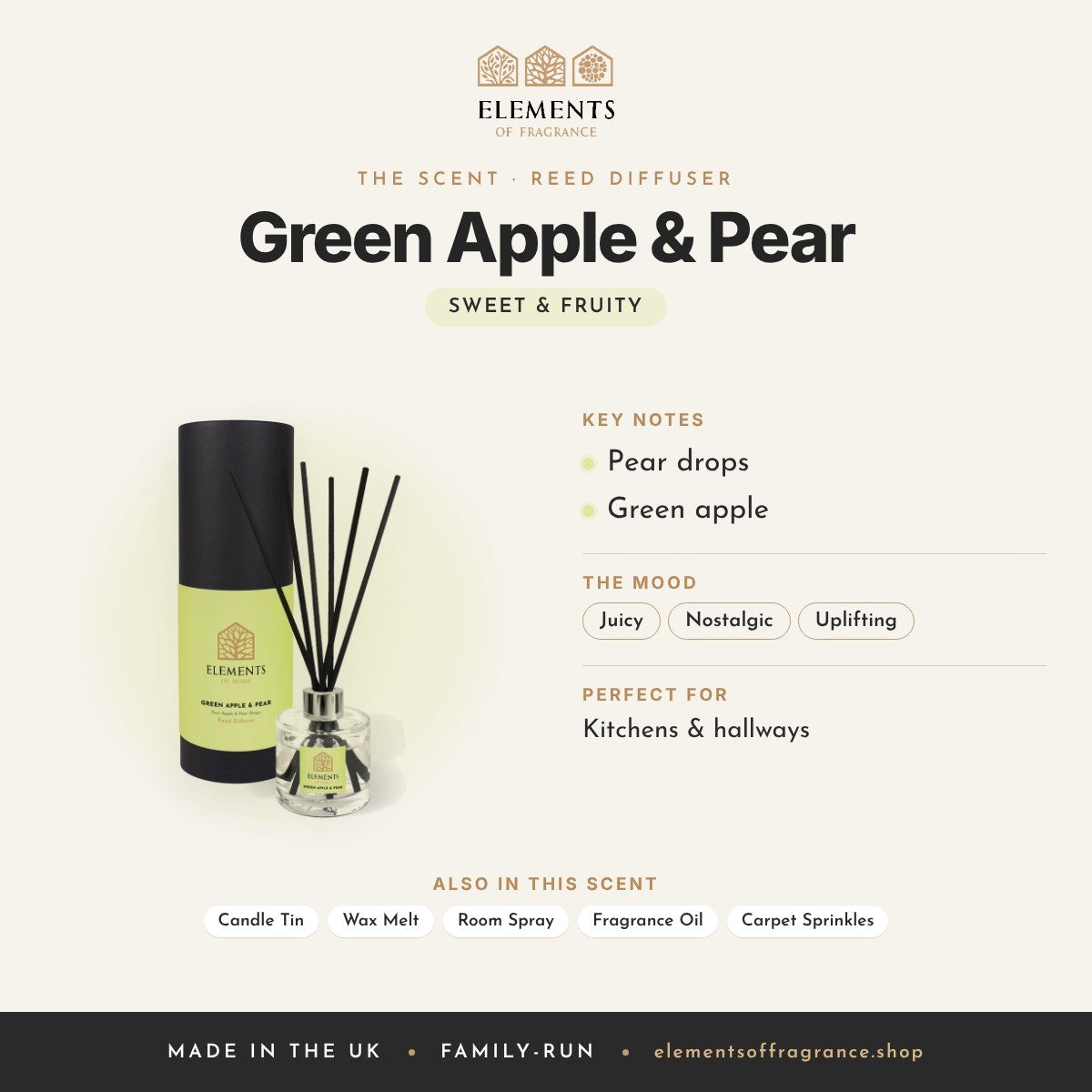 Green Apple & Pear Reed Diffuser scent profile: sweet & fruity with notes of pear drops, green apple