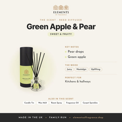 Green Apple & Pear Reed Diffuser scent profile: sweet & fruity with notes of pear drops, green apple